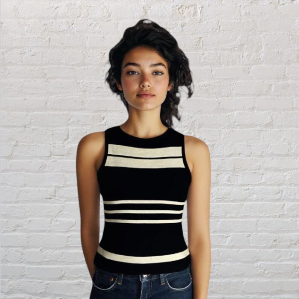 VINTAGE ERIK STEWART COLLECTION -- Sleeveless Shell, Black & White Horiz. Stripe